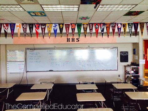 High School Classroom Decorations, College Pennants, Education Leadership, Classroom Decor Middle, High School English Classroom, Middle School Classroom Decor, College Flags, College Counseling, Classroom Decor High School