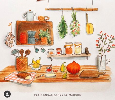 Cottage Kitchen Illustration, Kitchen Garden Illustration, Cute Kitchen Drawing, Tea Reference, Garden Illustrations, Kitchen Drawing, Garden Illustration, Mixed Media Illustration, Food Illustration Art