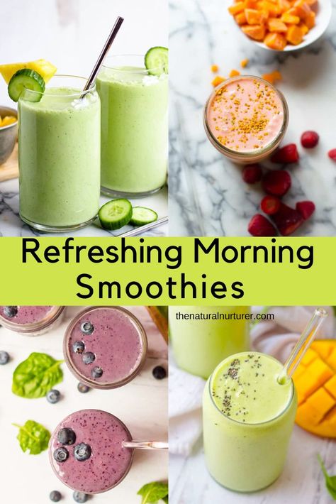 Wake up and start the day with one of these healthy morning smoothie recipes! All of them are refreshing, simple to make, full of fruits and veggies, and the perfect foot to start any day out on. Energizing Smoothies Mornings, Wake Up Smoothie, Morning Smoothie Recipes Healthy, Healthy Morning Smoothies, Blueberry Spinach Smoothie, Peach Banana Smoothie, Morning Smoothie Recipes, Natural Nurturer, Easy Breakfast Smoothies