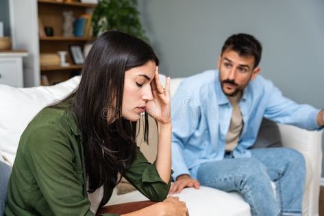 Communication problems, relationship difficulties. Young couple man and woman sitting on sofa at home, argue and misunderstanding stock image Relationship Difficulties, John Gottman, Communication Problems, Healthy Communication, Music Technology, Woman Sitting, Young Couple, Conflict Resolution, Communication