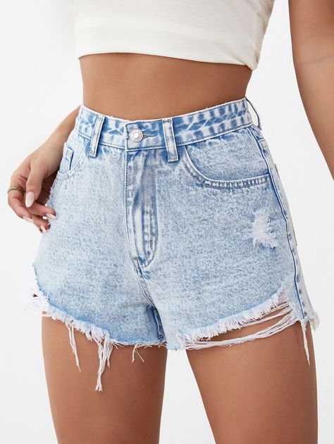 SHEIN Ripped Raw Hem Denim Shorts | SHEIN USA Jean Shorts Light Wash, Shein Jean Shorts, Women Denim Shorts, Clothing Finds, Shein Shorts, Casual Denim Shorts, Ripped Jean Shorts, Summer Swag, Perfect Denim