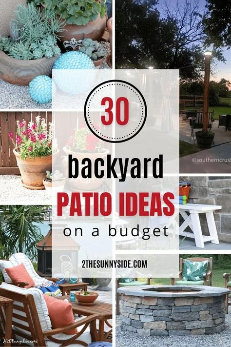 Are you looking for backyard patio ideas on a budget?Summer is right around the corner and I can hardly wait to be outside enjoying our backyard once again.Personally, I think that enjoying a meal and entertaining outdoors is so relaxing.And with our busy schedules and demands on our time, taking the time to unwind and relax is a must!However creating backyard patio or an outdoor living space can be expensive and time consuming.But don’t worry, you can create a backyard oasis for yours… Patios Ideas Backyard Pavers, Ideas For Small Patio Area, Flowers On Deck Ideas, Small Patio Fire Pit Ideas, Paver Patio Ideas With Fire Pit, Deck Arrangement Ideas, Patio Pots Ideas Planters, Outside Patio Ideas On A Budget, Outdoor Patio Seating Ideas