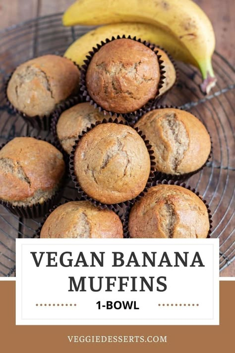 This easy Vegan Banana Muffins recipe is made with ripe bananas and wholesome ingredients that you can find anywhere. Kids and adults love this simple 1-bowl treat, with banana bread flavors, that's a great breakfast, snack, or to take on the go! Banana Recipes Vegan, Vegan Banana Bread Muffins, Banana Recipes Overripe, Vegan Banana Muffins, Banana Muffins Recipe, Ripe Banana Recipe, Gluten Free Banana Muffins, Banana Muffins Easy, Healthy Banana Muffins