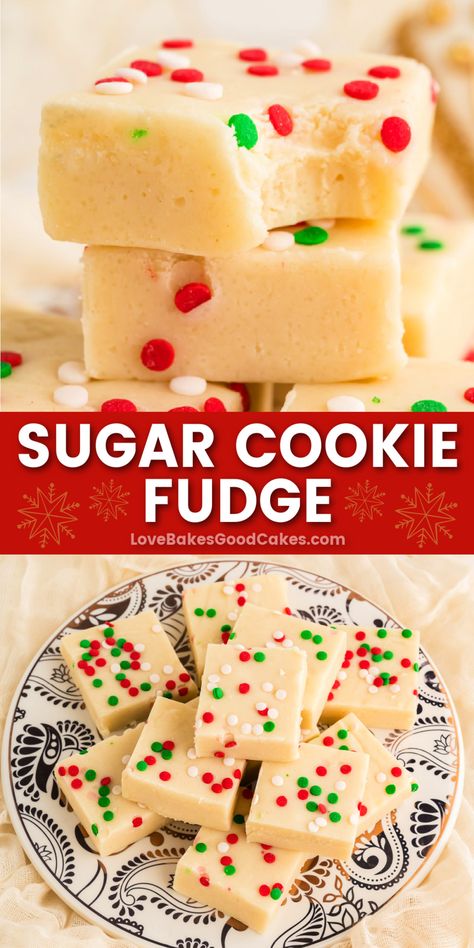 Sugar Cookie Fudge pin collage Fudge Recipes Pumpkin, Icing Fudge Recipe, Easy Holiday Fudge, Christmas Fudge Recipes Holiday Gifts, Gourmet Fudge Recipes, Sugar Cookie Fudge Recipe, Fall Fudge Recipes, Fancy Fudge, Cheesecake Fudge Recipe