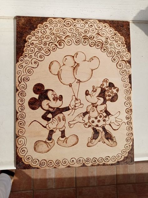 amazing Mickey and Minnie mouse design from internet recreated on wood. I burn pictures to wood. I usually find really good designs on internet that I think would look good on wood too. #art #pyrography #pirografia #woodcraft #drawing #sketch #wooddesign #wooddecor #minniemouse #mickeymouse #mouse #disney #balloons #ballons Disney Wood Burning, Disney Balloons, Mickey And Minnie Mouse, Mickey And Minnie, Picture On Wood, Drawing Sketch, Pyrography, Wood Decor, Wood Design