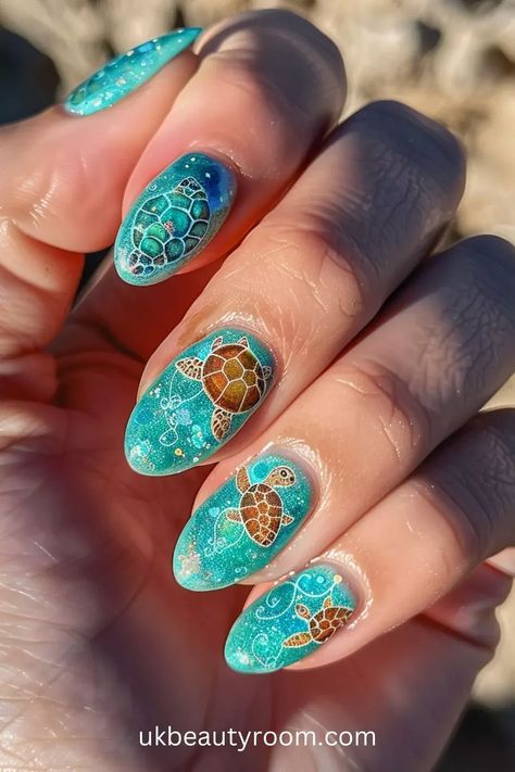 Dive Into These Trendy Beach Nail Designs Beach Nail Ideas, Turtle Nail Art, Summer Holiday Nails, Turtle Nails, Beach Themed Nails, Beach Nail Designs, Beach Nail, Fun Summer Nails, Jellyfish Design