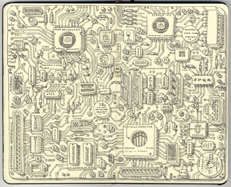 Mattias Adolfsson Motherboard Illustration, Mattias Adolfsson, Best Sketchbook, Things Organized Neatly, Moleskine Art, Sketchbook Drawings, Sketchbook Journaling, Sketchbook Inspiration, Urban Sketching