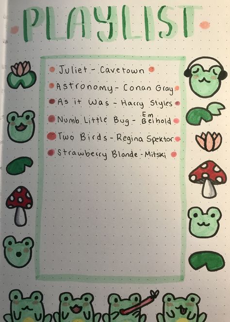 Playlist Drawing, March Playlist, Playlist Journal, Playlist Journal Page, April Playlist, May Playlist Bullet Journal, Playlist Bullet Journal, Bullet Journal Playlist Page, April Bullet Journal Ideas Layout