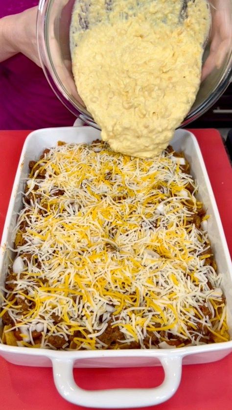 Your family will love this one pan dinner! | dinner | Your family will love this one pan dinner! #dinner #easyrecipe #yum | By Kyle & Mistie Knight | Facebook Cowboy Chilli, Kyle And Mistie Knight Recipes, Fritos Pie, Chili Casserole, Beans And Cornbread, Ham Sliders, Shepard's Pie, Beef Casseroles, Jiffy Mix