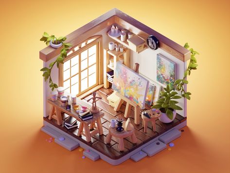 Art Studio by Roman Klčo on Dribbble Isometric Art Studio, Isometric Art Room, Isometric Room Illustration, Polygon Runway, Isometric Rooms, Blender Scene, Isometric Room, Christmas Animation, 3d Isometric