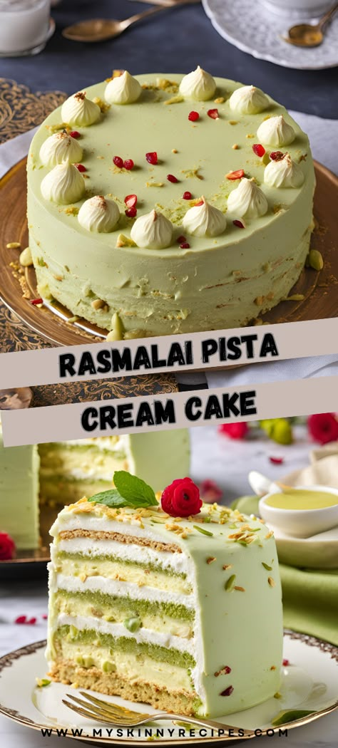 Indulge in the luxurious fusion of traditional rasmalai and light sponge cake with this Rasmalai Pista Cream Cake! Perfect for any festive occasion. #RasmalaiCake #FusionDessert #Baking #CakeLovers 🎂✨ Rasmalai Cupcakes, Rasmalai Cake Designs, Rasmalai Cake Recipe, Rasmalai Recipe, Rasmalai Cake, Pistachio Cake Recipe, Cake Flavours, Bday Decor, Pastry Design