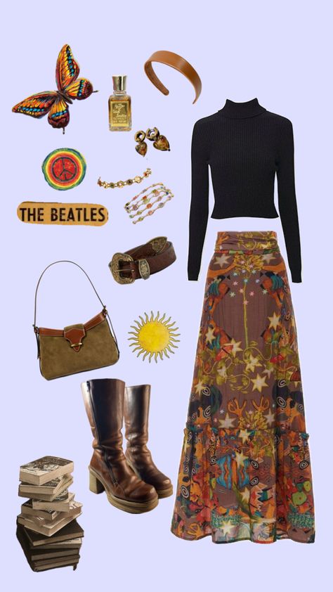 Long orang skirt #beetles #70s #longskirt #outfit #boots #falloutfit 70s Fashion Skirt Outfit, 70s Outfits With Skirt, 1970s Skirt Outfit, 70s Long Skirt, 70s Boots Outfit, 70s Skirt Outfit, Long Maxi Skirt Outfits, 60s Party Outfit, 70s Fashion Skirt