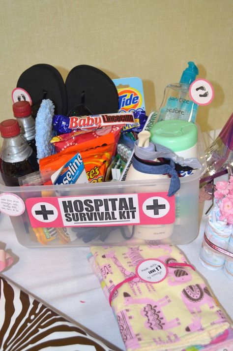 Hospital Survival Kit: Baby Shower Gift!  I like the idea of this.  I would put in coconut water, Clif bars, hair ties and chapstick as essentials.  The candy is a great offering to hospital staff! Hospital Survival Kit, Mighty Mike, Clif Bars, Survival Kits, Hospital Staff, Shower Bebe, Baby Kit, Baby Shower Fun, Baby Time