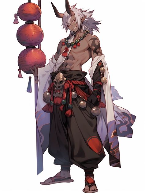 Half Oni Character Art, Male Oni Character Art, Oni Art Male, Japanese Sorcerer, Oni Armor, Oni Tiefling, Oni Oc Male, Oni Character Art, Demon Boy Oc