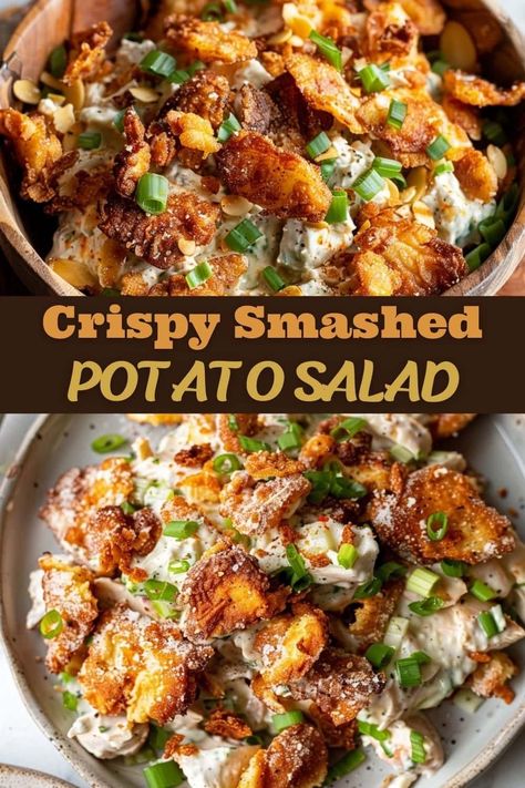 This crispy smashed potato salad is rich and chock-full of incredible texture. Make it for your next get-together, and it’ll be the talk of the night! New York Style Potato Salad, Cookout Meal Ideas, Potato Sides For Bbq, Smashed Potato Salad Pioneer Woman, Thanksgiving Potato Salad, Smashed Potatoe Salad Recipe, Fresh Potato Salad, Crispy Mashed Potato Salad, Potato Salad Vinegar Based