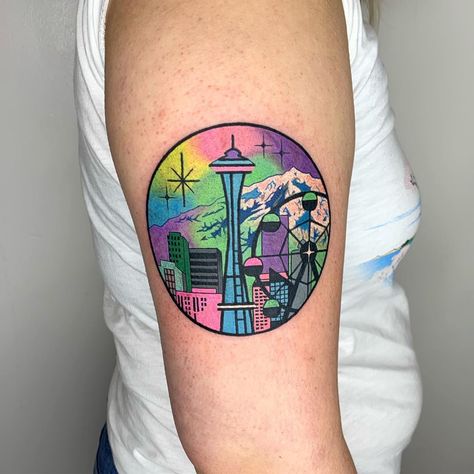 🍬₵🍬H🍬Ø🍬₵🍬H🍬Ø🍬₵🍬H🍬Ø🍬 on Instagram: “Seattle skyline 🏙💖💚💛💙✨ Done at @temperancetattoo_sf” Seattle Themed Tattoo, Seattle Washington Tattoo Ideas, Seattle Tattoo Ideas, Seattle Skyline Tattoo, Washington Tattoo, Watercolor Tattoo Artists, Video Game Tattoos, Skyline Tattoo, Seattle Tattoo