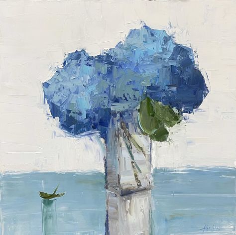 Blue Hydrangeas by Barbara Flowers Blue Hydrangea Bouquet, Teal Vase, Hydrangea Painting, April Flowers, Blue Hydrangeas, Modern Impressionism, Art Competitions, Oil Painters, Flower Art Painting