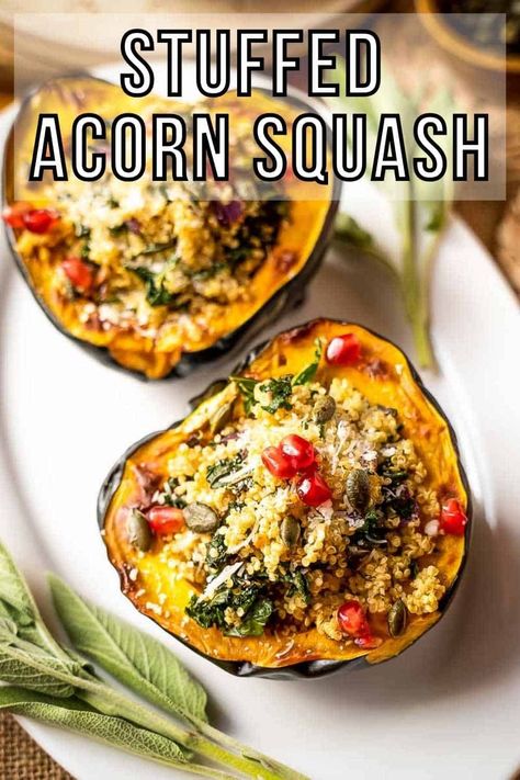 air fryer acorn squash title pin Air Fryer Acorn Squash, Acorn Squash Roasted, Quinoa Stuffing, Stuffed Acorn Squash, Autumn Side Dishes, Acorn Squash Recipes, Butternut Squash Risotto, Vegan Thanksgiving Recipes, Acorn Squash