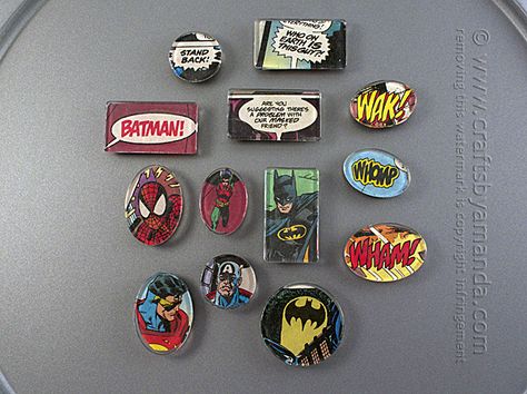 Superhero Comic Magnets  Tuto : http://craftsbyamanda.com/2014/07/superhero-comic-book-magnets.html Book Magnets, Comic Book Crafts, Avengers Crafts, Superhero Comic Book, Humor Comics, Diy Mod Podge, Superhero Crafts, Old Comic Books, Mod Podge Crafts