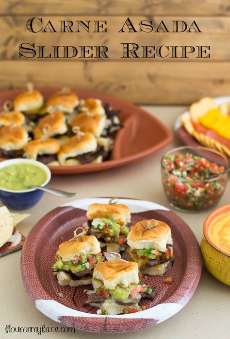 The best way to chow down onGame Day is with this Carne Asada Slider recipe via flouronmyface.com #ad #KHGameTime Mexican Sliders, May Meal Plan, Beef Sausage Recipes, Slider Recipe, Crock Pot Vegetables, Sliders Recipes, Sweet Dinner Rolls, Chicken Bacon Pasta, Bacon Pasta