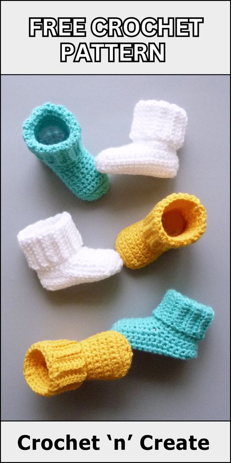 Free crochet pattern - Rib Cuff Booties from crochet 'n' create. Free fast, quick-easy-beginner-friendly! Bootie Crochet Pattern Free, Baby Boots Crochet Pattern Free, Crochet Baby Booties Patterns Free Easy, Free Crochet Booties Pattern, Newborn Crochet Booties Free Pattern, Knitted Baby Booties Free Pattern, Easy Baby Booties Crochet, Crochet Baby Stuff Free Pattern, Baby Clothes Crochet Patterns Free