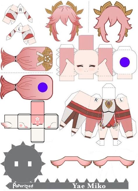 Yae Miko Paper Craft, Genshin Origami, Genshin Paper Doll, Paper Figures Anime, Paper Figure Template, Anime Papercraft, Paper Figures, Anime Paper, Doll Template