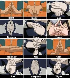 Now if somebody could just give me an order in which to make these, I'd be turning out jutsu in no time! Naruto Hand Signs, Naruto Eyes, Hand Signs, Arte Ninja, Mangekyou Sharingan, Manga Naruto, Naruto Shippuden Sasuke, 5 Anime, Aikido