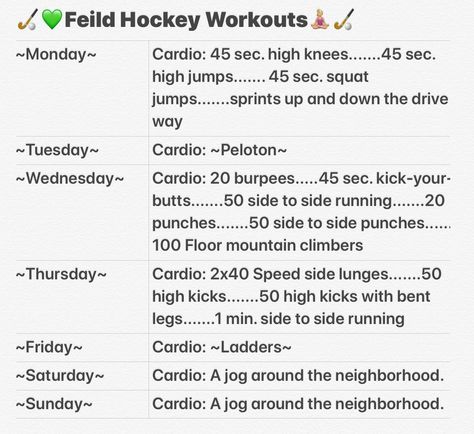 How to stay fit, and ways to train your body each day to train for field hockey games and practices! 🤩💚🏑🧘🏼‍♀️💪🏻✌🏻 Field Hockey Workouts At Home, Field Hockey Workouts Fitness, Hockey Practice Outfit, Field Hockey Workouts Training, How To Play Hockey, Field Hockey Drills Training, How To Get Better At Field Hockey, Field Hockey Bag Essentials, Hockey Workouts Home