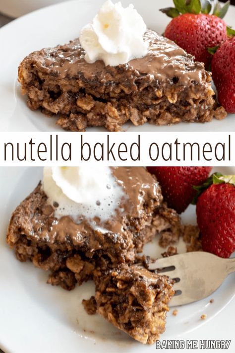 Baked Oats Chocolate, Nutella Breakfast, Baked Oats Recipe, Oatmeal Flavors, Oats Chocolate, Healthy Nutella, Baked Oatmeal Recipe, Protein Baking, Nutella Cheesecake