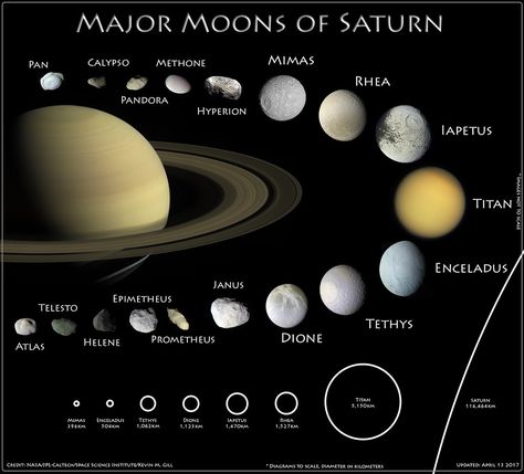 The Moons of Saturn by Kevin M. Gill Moons Of Saturn, Facts About Saturn, Moon Orbit, Saturns Moons, Sistem Solar, Astronomy Facts, Astrology Planets, Planets And Moons, Space Facts