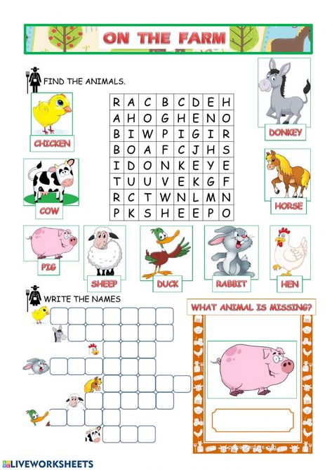 Farm animals Ficha interactiva Farm Animals Worksheets For Kindergarten, Worksheet Animals For Kids, Farm Animals Worksheets For Kids, Farm Animal Worksheet, Animal Worksheets For Kids, Farm Animals Worksheet, Animals Activities For Kids, Farm Worksheets, Farm Worksheet