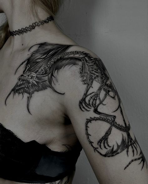 Goth Dragon Tattoo, Gothic Realism Tattoo, Gothic Shoulder Tattoo, Skeleton Dragon Tattoo, Dark Calligraphy Tattoo, Dragon Tattoo Wrapped Around Arm, Dragon Tattoo Shoulder, Asian Dragon Tattoo, Maching Tattoos