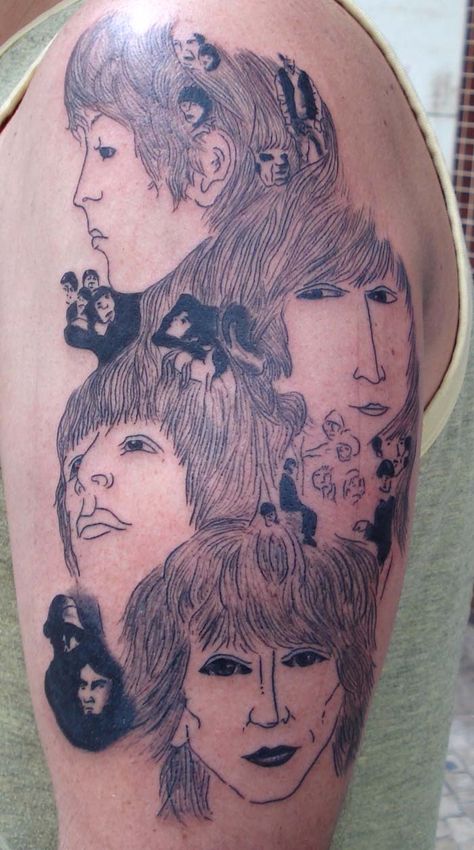 Beatles Tattoo Sleeve, Revolver Beatles, 67 Tattoo, Tattoo Dos, Beatles Tattoo, Musician Tattoo, Revolver Tattoo, Horrible Tattoos, Terrible Tattoos