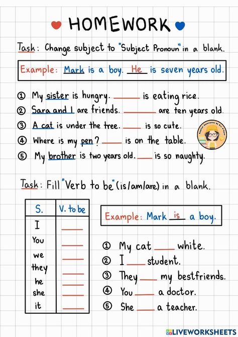 Subject pronoun and Verb to be worksheet | Live Worksheets To Be Worksheet, Free English Courses, English Homework, Verb To Be, Teach English To Kids, English Teaching Materials, English Activities For Kids, English Language Learning Grammar, Learning English For Kids