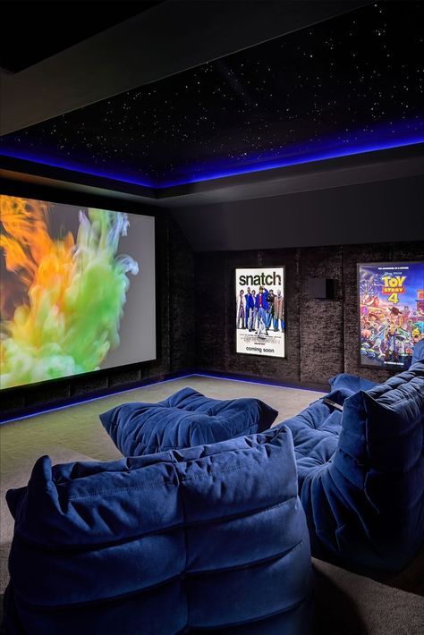 Home cinema design Farnham Small Room Movie Theater, Cinema Attic Room, Home Movie Theater Seating, Chill Lounge Room Ideas, Family Cinema Room, Cinema And Games Room, Loft Cinema Room, Cozy Cinema Room, Attic Home Theater