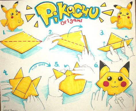 Pokemon Origami, Origami Pikachu, Pokemon Themed Party, Pikachu Pikachu, Pokemon Diy, Pokemon Craft, Pokemon Birthday Party, Folding Origami, Instruções Origami