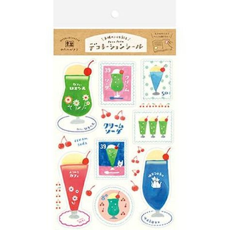 Made in Japan, these stickers from Furukawa Paper Works feature designs of tasty-looking ice cream soda drinks in various flavours - yummy! These large stickers are well suited to decorating notebooks and diaries. Use also in gift wrapping for someone special! Made from premium quality Mino-washi paper, you can easily write on top of them. Let your creativity run free and have fun choosing which sticker to use! Design: Ice Cream Soda Pack Includes: 16 stickers (8 designs per sheet x 2 sheets) Si Ice Cream Soda, Decorating Notebooks, Soda Drinks, Paper Works, Journal Supplies, Cream Soda, Decoration Stickers, Decorate Notebook, Washi Paper