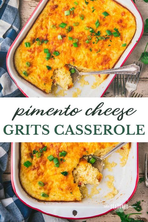 This pimento cheese grits casserole is an easy way to prepare baked grits for breakfast, brunch, or dinner! Delicious on its own as a vegetarian entrée, or perfect alongside sausage, shrimp, bacon, and chicken! Baked Grits, Pimento Cheese Grits, Cheese Grits Casserole, Grits And Eggs, Quick Grits, Oven Fried Fish, Sausage Shrimp, Grits Casserole, How To Cook Grits