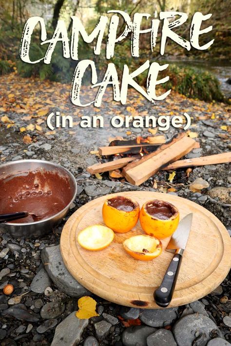 Campfire Cake In An Orange, Campfire Orange Cake, Bonfire Dessert Ideas, Campfire Cooking Equipment, Camping Dessert Recipes, Camping Cake, Campfire Cake, Fire Cake, Camping Cakes