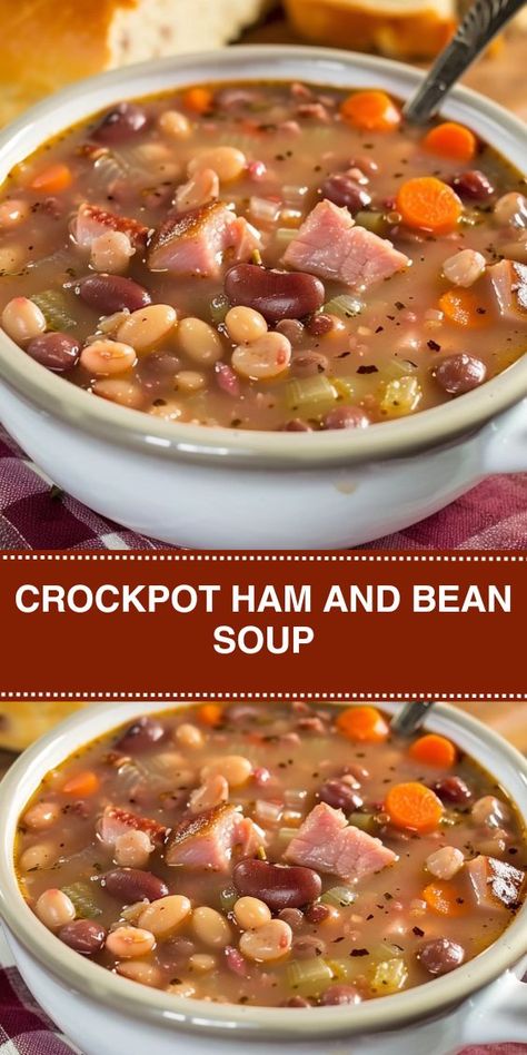 Looking for a comforting and hassle-free meal idea? Our Slow Cooker Ham and Bean Soup recipe is here to save the day! Packed with savory ham, a variety of veggies, and nutritious beans, this dish is perfect for busy weeknights or lazy weekends. Simply toss everything into the slow cooker and let it work its magic while you go about your day. With ingredients like diced ham, carrots, celery,... Ham And Beans Soup Crockpot Recipes, Ham Soup In Crockpot, Soup Beans And Ham Crock Pots, Easy Ham And Bean Soup Crockpot, Crockpot Bean And Ham Soup, Ham And Bean Soup With Ham Bone, Ham Crock Pot Recipes, Easy Ham Crockpot Recipes, Diced Ham Crockpot Recipes