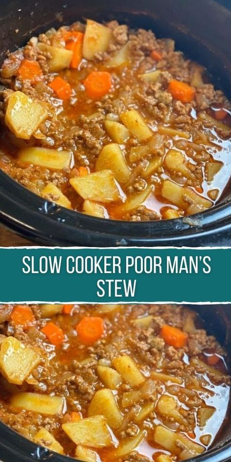 Poor Man’s Ground Beef Stew is a great “Crockpot dump”, and you can use any veggies you already have in your fridge. Poor Man's Stew, Poor Mans Stew, Hp Sauce, Crockpot Recipes Beef Stew, Meat And Potatoes, Crockpot Stew, Slow Cooker Stew, Crockpot Soup Recipes, Poor Man