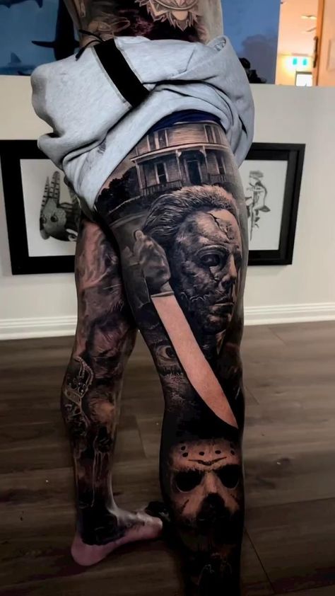 Black And Gray Tattoo, Tattoo Pierna, Gray Tattoo, Horror Movie Tattoos, Wolf Tattoo Sleeve, Full Leg Tattoos, Skull Sleeve Tattoos, Skull Sleeve, Movie Tattoo