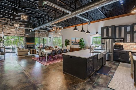 Barndominium Kitchen Concrete Floors, Warehouse Living Open Concept, Industrial Barndominium Interior, Barndo Loft, Kitchen Concrete Floor, Dream Barndominium, Concrete Kitchen Floor, Earth Dome, Concrete Floors In House