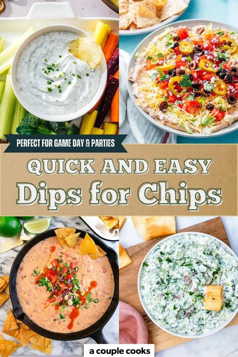 Here are the best dips for chips: both the standard potato and the crispy tortilla chip! These party recipes are sure to become favorites. #dip #diprecipe #dipsforchips #partydip Ranch Chip Dip Recipes, Potato Chip Dip Recipes Easy, Best Potato Chip Dip Recipe, Quick And Easy Dips, Potato Chip Dip, Cheesy Bean Dip, Best Chip Dip, Best Spinach Dip, Dip For Potato Chips