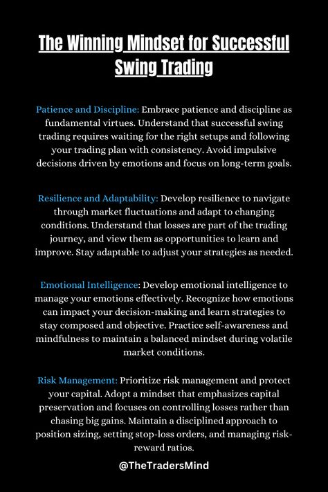 By adopting a winning mindset, you can approach swing trading with confidence and resilience. Remember that success in swing trading is a journey, and cultivating the right mindset will help you navigate the challenges and achieve long-term profitability.

#SwingTrading #TradingMindset #PatienceAndDiscipline #RiskManagement #ContinuousLearning #EmotionalIntelligence #Resilience #Adaptability #GrowthMindset #TradingTips Emotional Discipline, Trading Psychology, Business Development Strategy, Winning Mindset, Forex Trading Training, Stock Trading Strategies, Trade Finance, Right Mindset, Trading Quotes