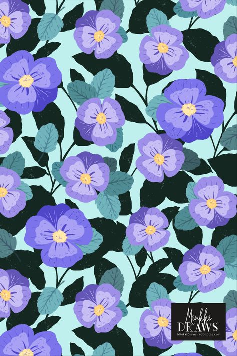 Pansy Pattern, Surface Pattern Design Inspiration, Dark Green Leaves, Aqua Background, Pattern Design Inspiration, Purple Pansy, Pale Aqua, Flow Design, Beautiful Wallpaper