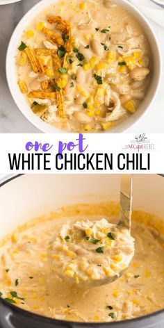 This White Chicken Chili is ultra thick and creamy, with shredded chicken, white beans and corn and just the right amount of spice! Make ahead and freezer friendly, perfect for pantry cooking. #chili #chicken #chickenbreast #dinner | easy chicken recipes | chicken dinner | easy dinner ideas | soup recipe | pantry meals | pantry cooking White Chili Soup Recipes, White Chicken Chili Slow Cooker Cream Cheese, Dinner Ideas Leftover Chicken, Soups Easy Quick, Easy Chicken Chili Recipe Stovetop, White Chicken Corn Chili, Cooked Chicken Soup Recipes, Frozen Cooked Chicken Recipes, White Chicken Chili Cannellini Beans