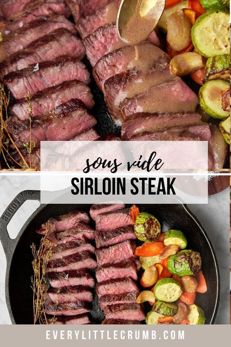 This method of cooking takes out the guesswork and ensures succulent evenly cooked sous vide sirloin steak that's perfectly tender. 5 minutes of effort! #sousvide #sousvidesteak #sirloinsteak #sousvidecooking Sous Vide Recipes Steak, Top Sirloin Sous Vide, Sous Vide Steak Instant Pot, Sous Vide Top Sirloin Steak, Sous Vide Sirloin Tip Roast, Sous Vide Steak Bites, Sou Vide Ribeye Steak, Sous Vide Sirloin Steak, Petite Sirloin Steak