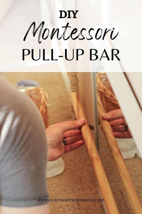 Make a Montessori pull-up bar for your baby to practice their pulling to standing skill. This bar helps isolate this new skill in an engaging way! It is super easy to make and allows your baby to work on the skill of pulling up in a very intentional way. Making a Montessori pull-up bar will transform any space to better meet the needs of your baby. All you need to make this Montessori pull-up bar is a mirror, railing, and brackets to hold the railing. Montessori Bar And Mirror, Diy Montessori Pull Up Bar, Montessori Mirror And Bar, Baby Pull Up Bar, Montessori Pull Up Bar, Montessori Mirror, Diy Pull Up Bar, Diy Busy Board, Baby Baker