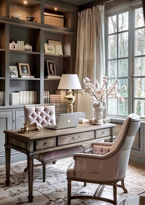 Feminine Professional Office, Transitional Office Design Inspiration, Women’s Office At Home, Feminine Office Design, Woman's Office Ideas, Home Office Built Ins With Desk For Two, Ladies Home Office Ideas, Woman’s Office, Rustic Chic Office